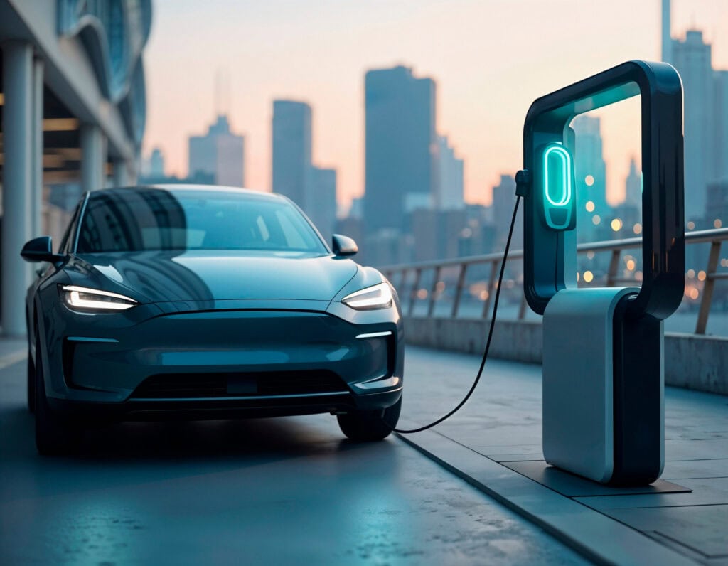 ทำสีรถยนต์ EV - Suksan Auto Service Electric car plugged into a charging station on a city street at dusk, skyline in the background as lights glow from the charger.
