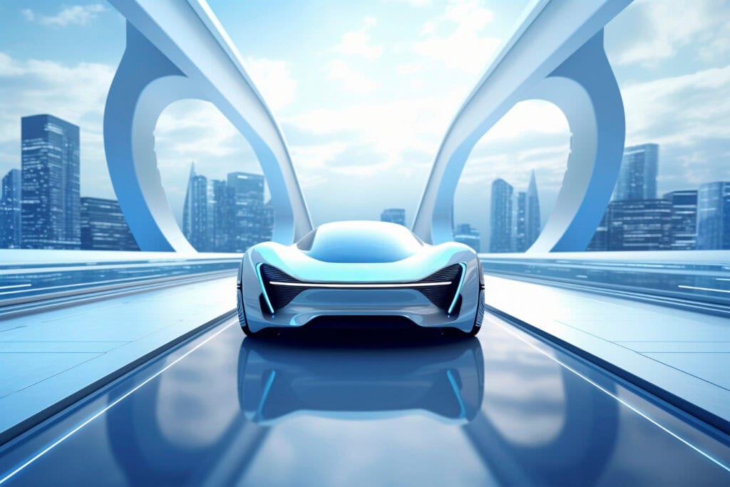 อู่ซ่อมสีพรีเมียม - Suksan Auto Service Front view of a sleek blue concept car driving on a glossy futuristic highway with large white looping arches and a city skyline in the background.
